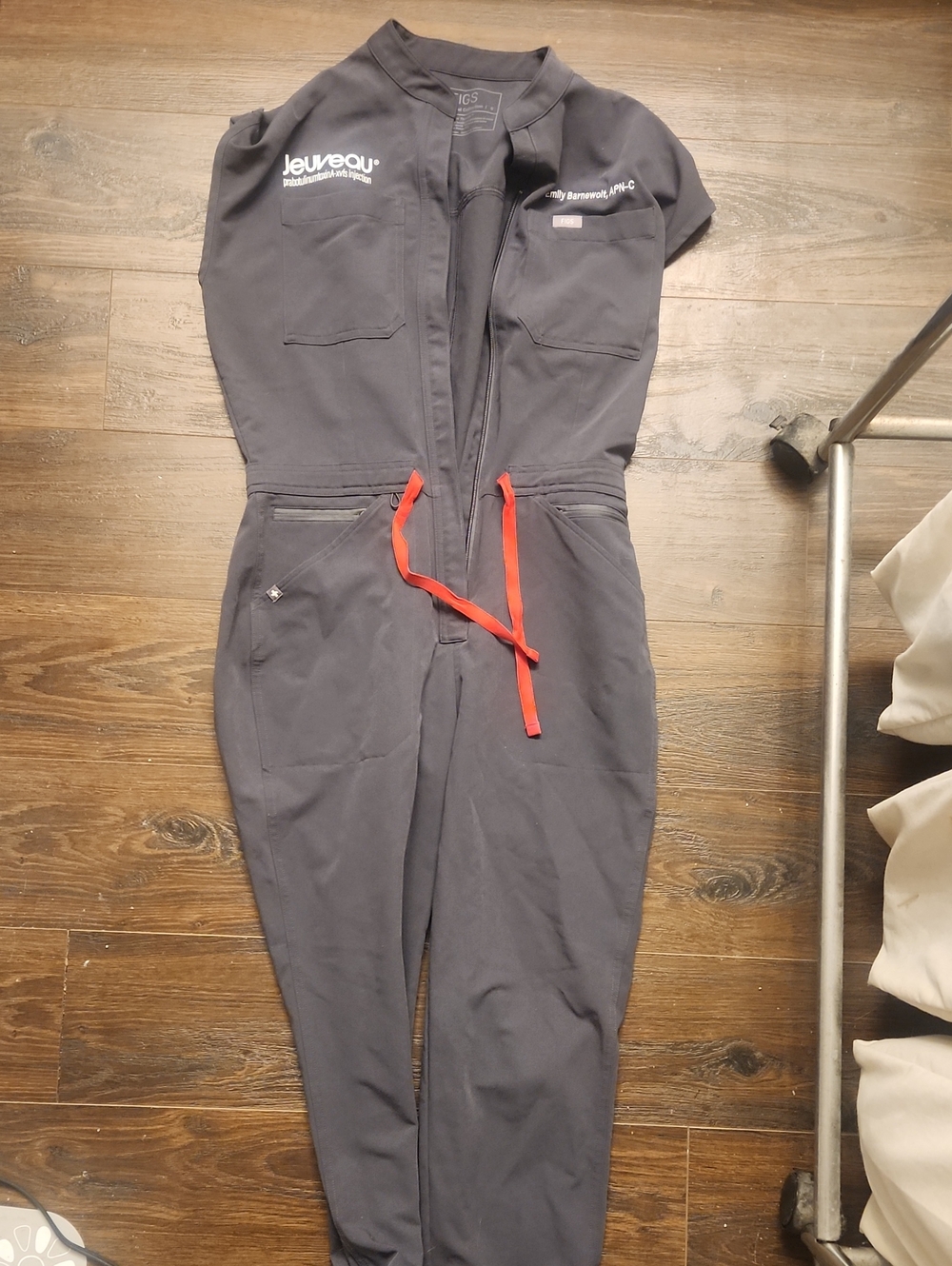 Women’s FIGS Grey Jumpsuit with Red Drawstring